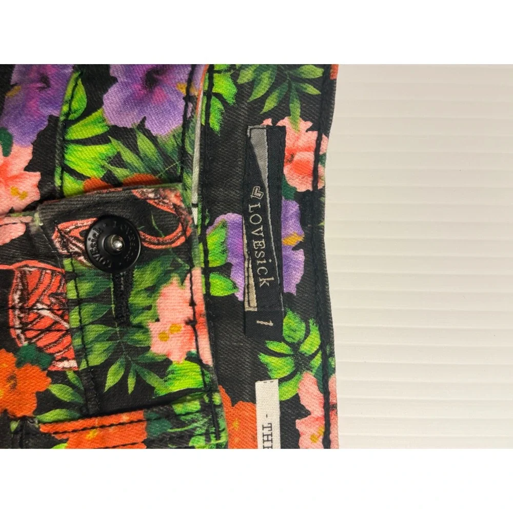Lovesick Denim Shorts Black Floral Flamingo Tropical Cut Off Raw Hem 1 Women‎